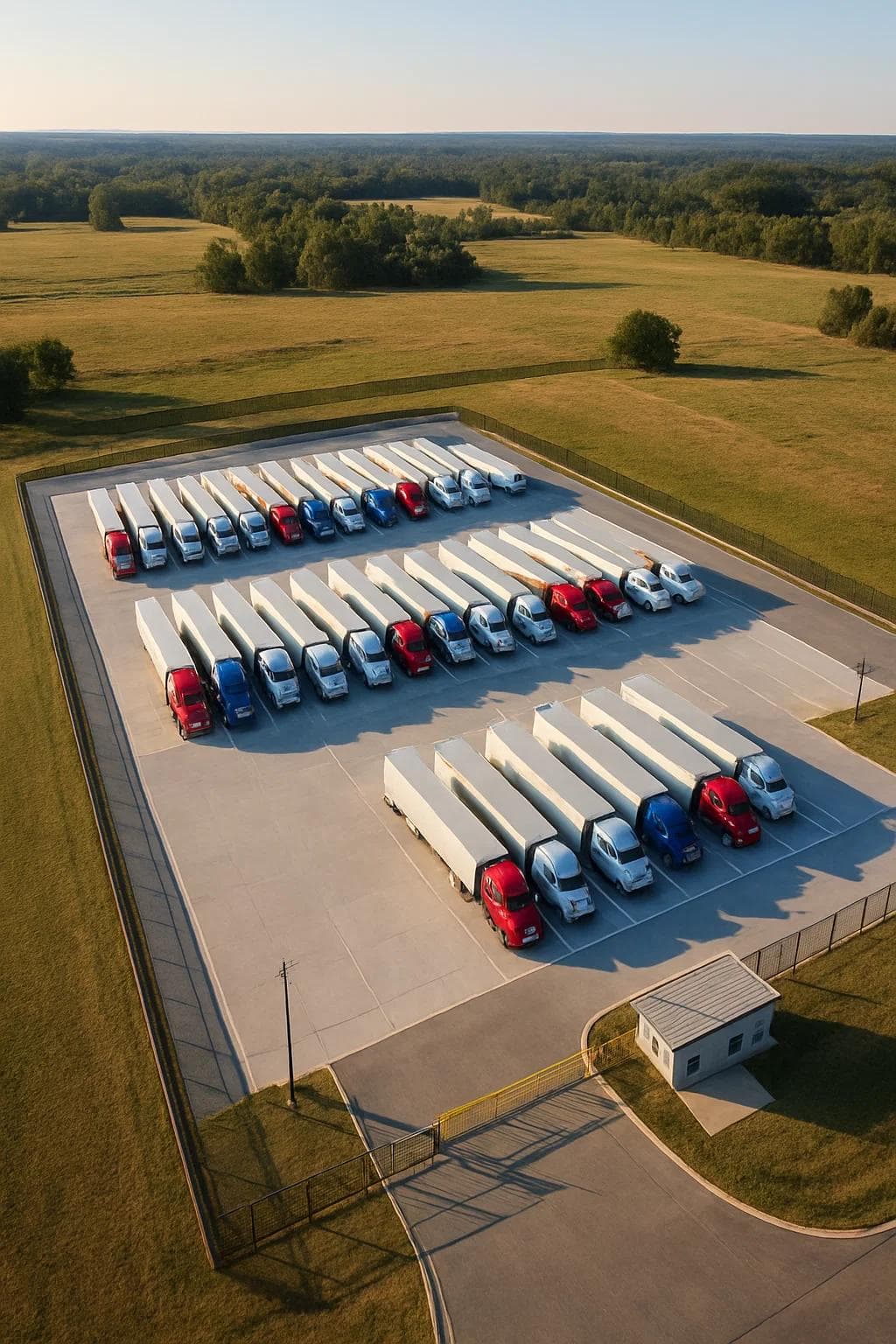 Aerial view of a secure truck parking lot in Calhoun, Georgia, with big rigs neatly lined up and open space surrounding the area