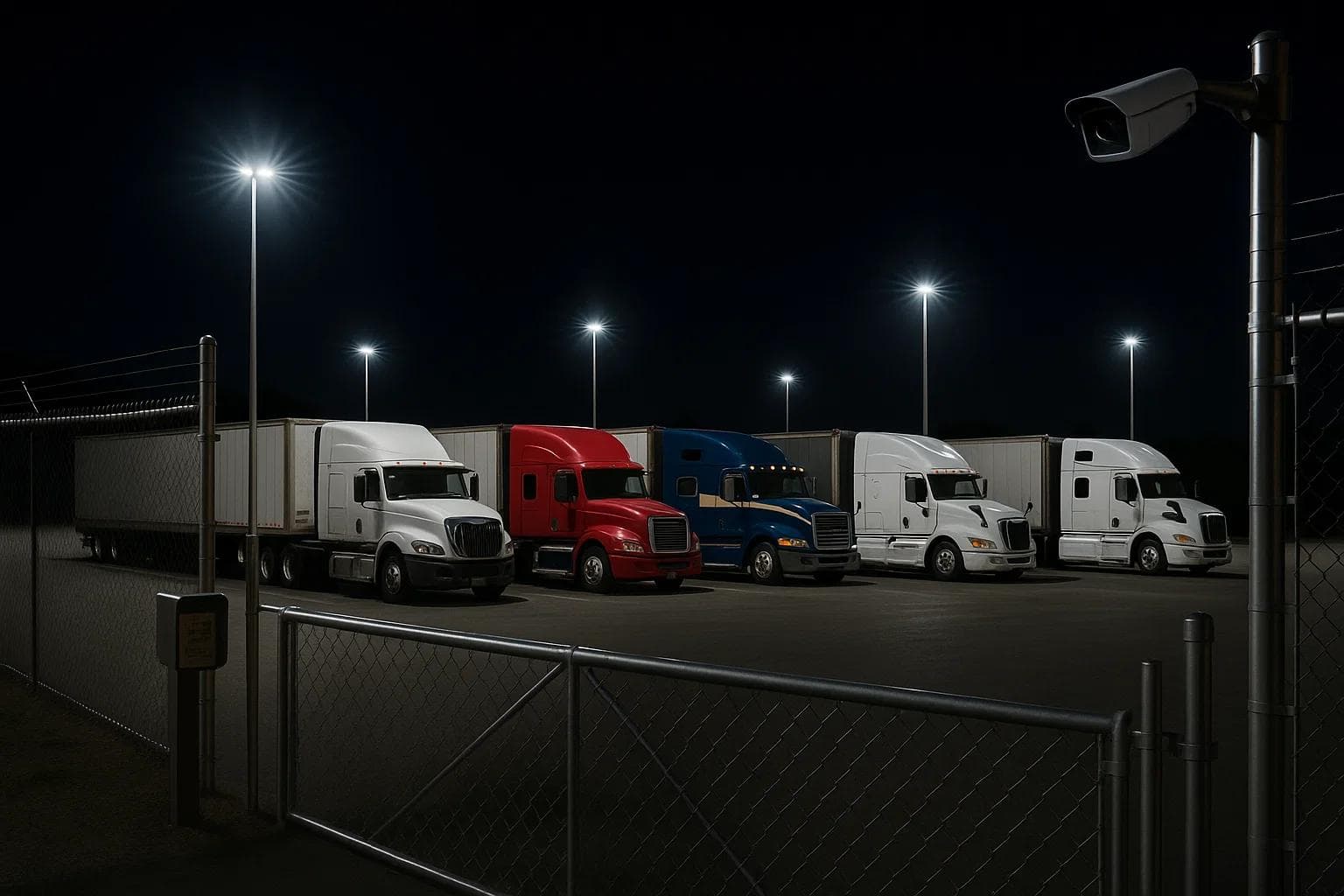 Semi-trucks parked legally at a secure, well-lit truck parking facility in Georgia near I-75, showing compliance with DOT regulations.