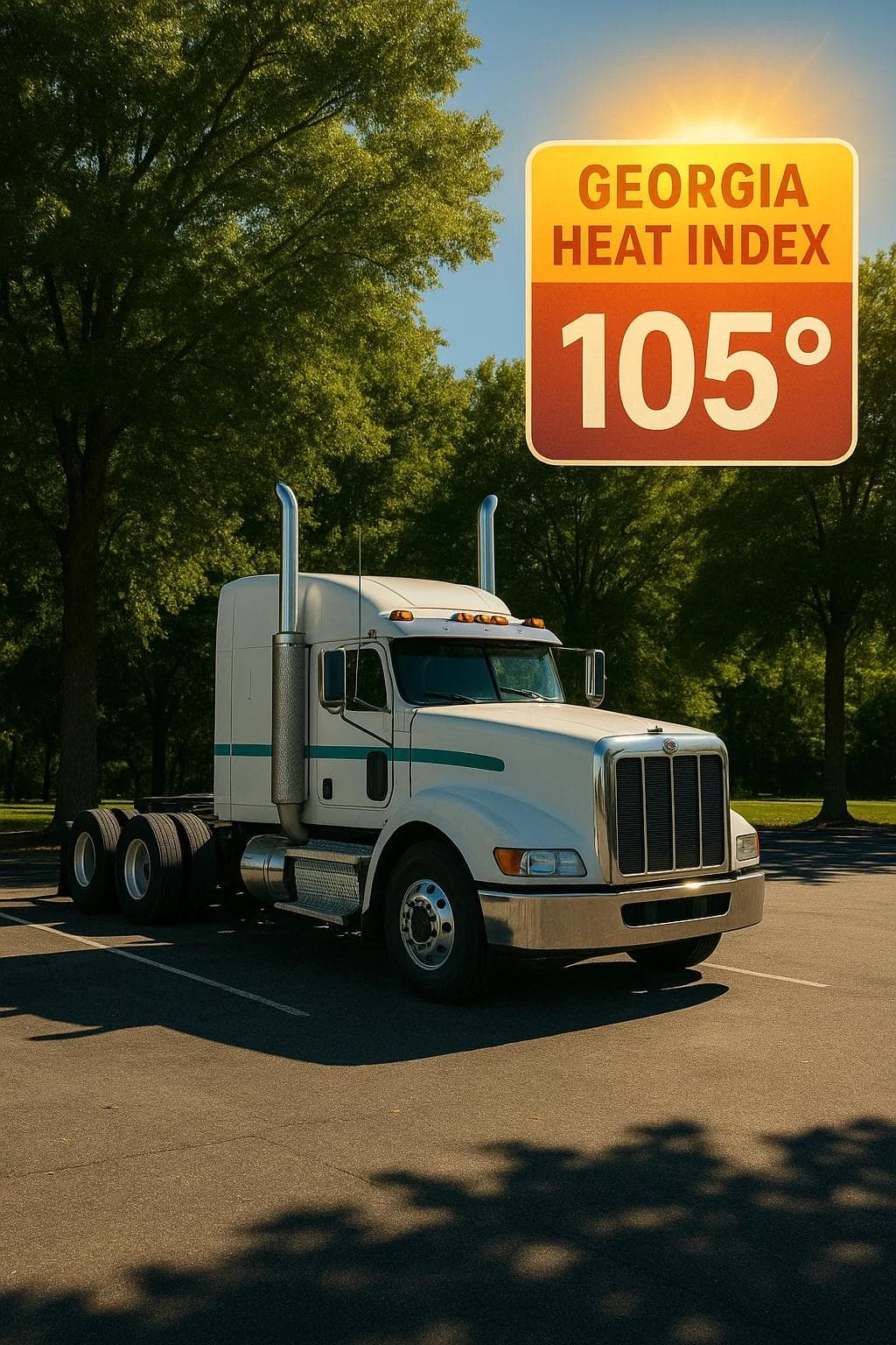 A semi-truck parked in a shaded Georgia lot under the bright summer sun, with a digital heat index graphic overlay.