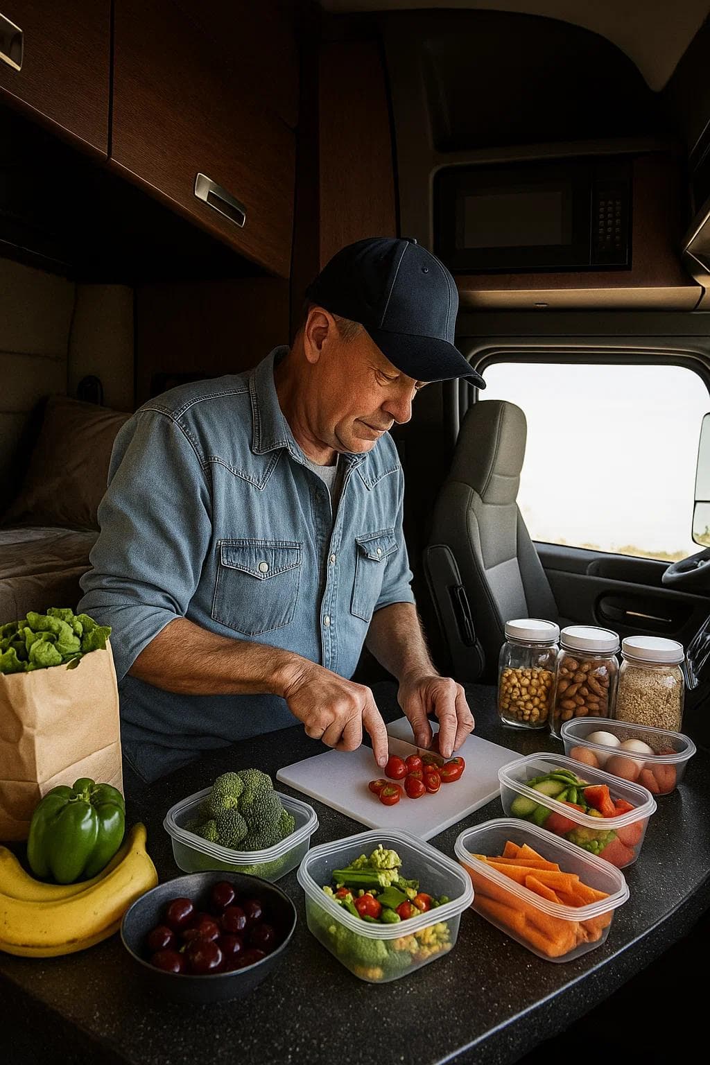 Truck driver preparing healthy meals inside a cab kitchen with fresh produce and storage containers.