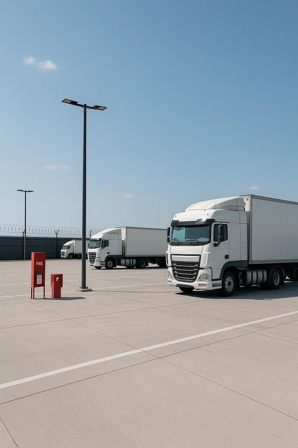 A secure truck parking lot with wide spacing, clear ground, and visible fire safety equipment.