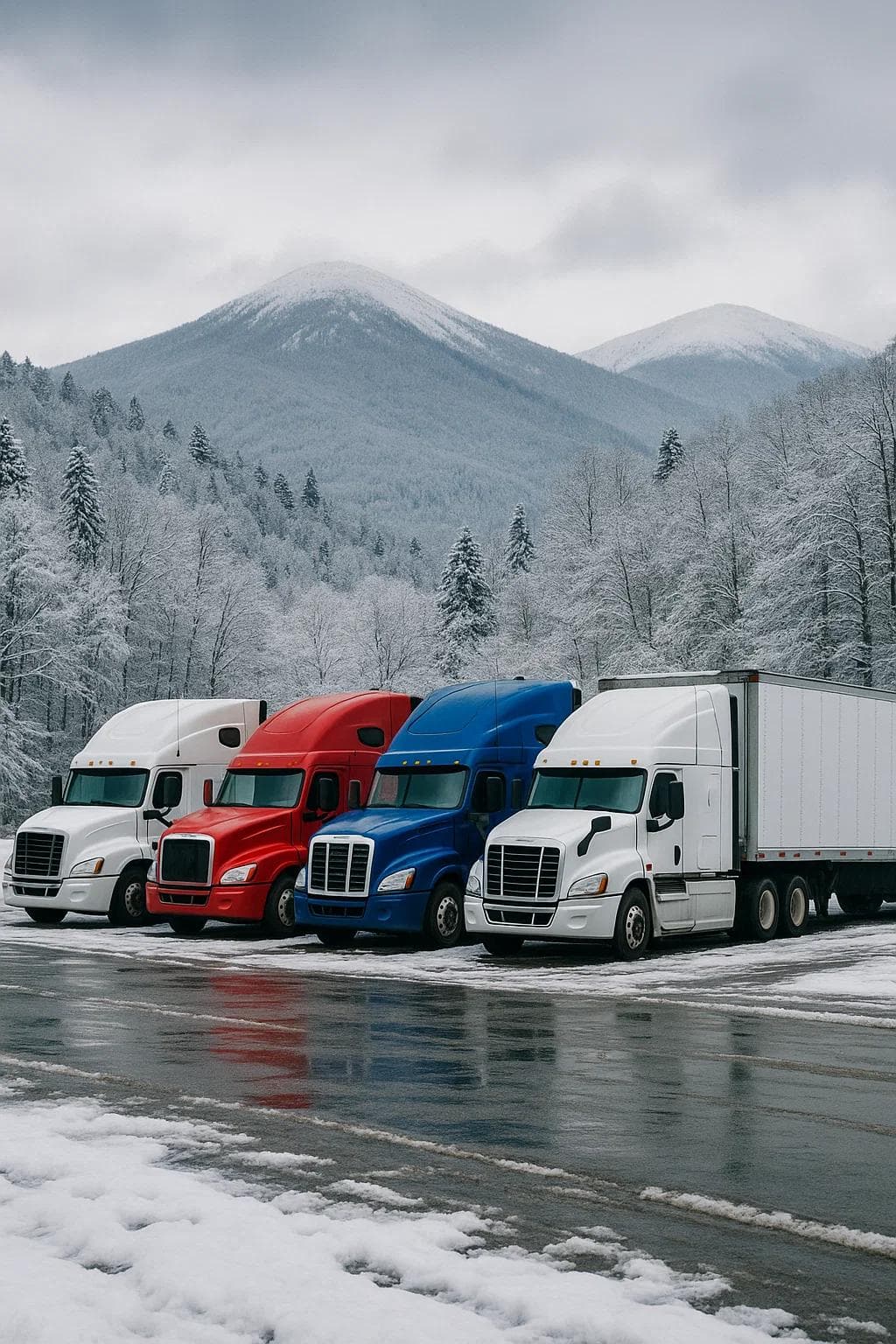 Semi-trucks parked safely on a clear, plowed lot in snowy North Georgia mountains.