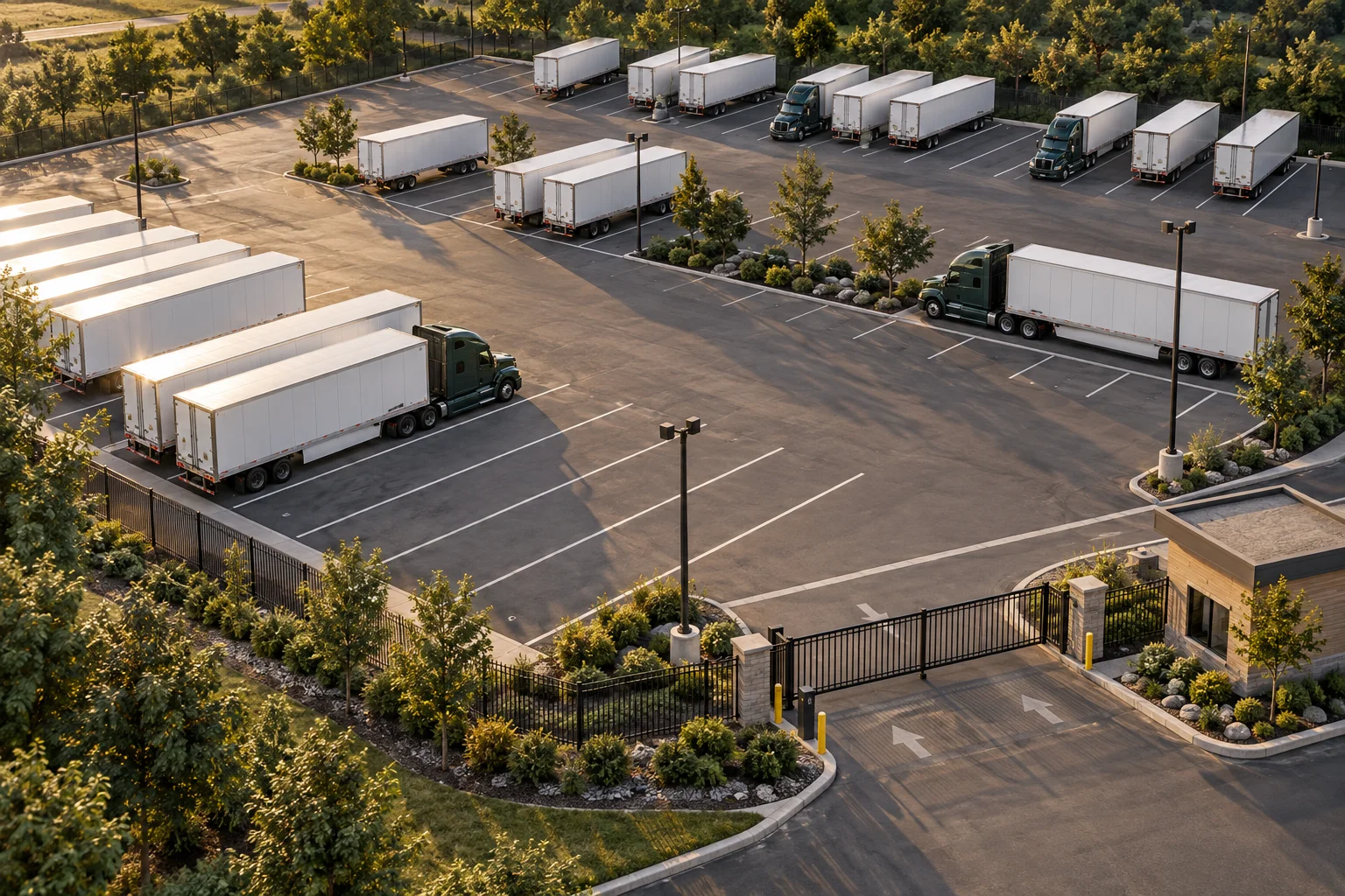 Illustration of a landscaped truck parking property with spacious bays and a gated entrance